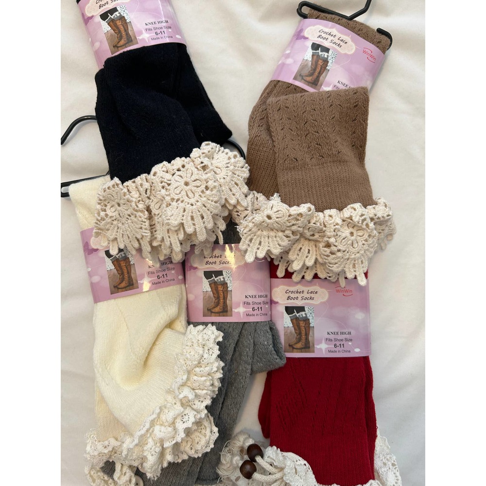 NEW Lot of 5 Crochet Lace Knee High Boot Socks fits Women's Shoe Size 6-11 Color - Picture 2 of 12